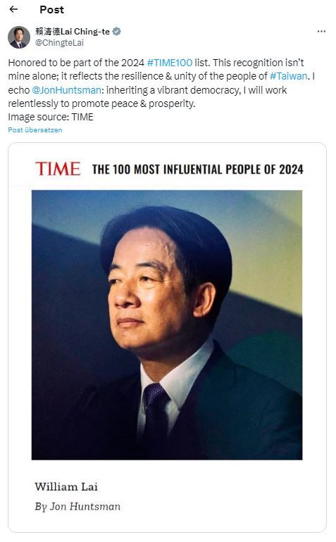 Time: Designierter Präsident Lai unter den 100 einflussreichsten Personen 2024