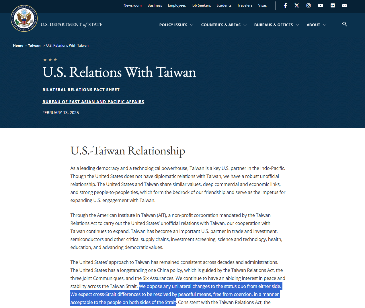 USA ändern Faktenblatt zu Taiwan